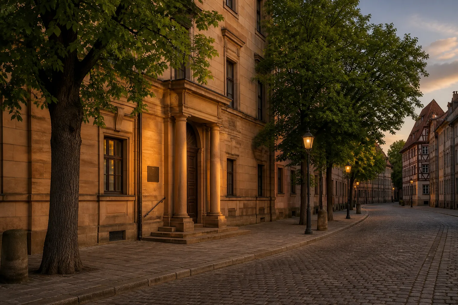 Sandsteinfassade des Classical Governance Forums in der Nürnberger Altstadt bei Abendlicht