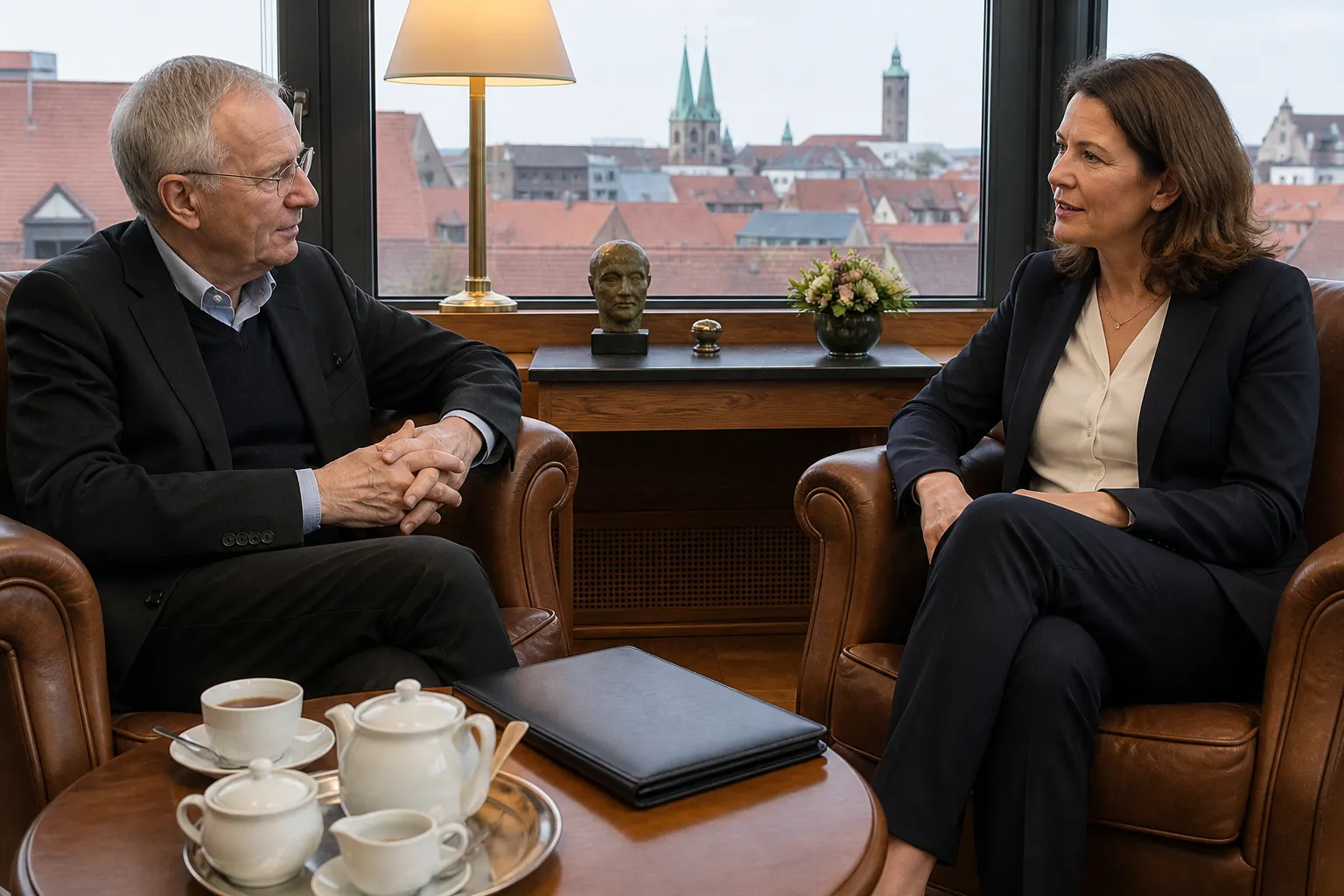 Erstgespräch zwischen Dozent und Führungskraft in Ledersesseln im Nürnberger Forum mit Altstadtblick