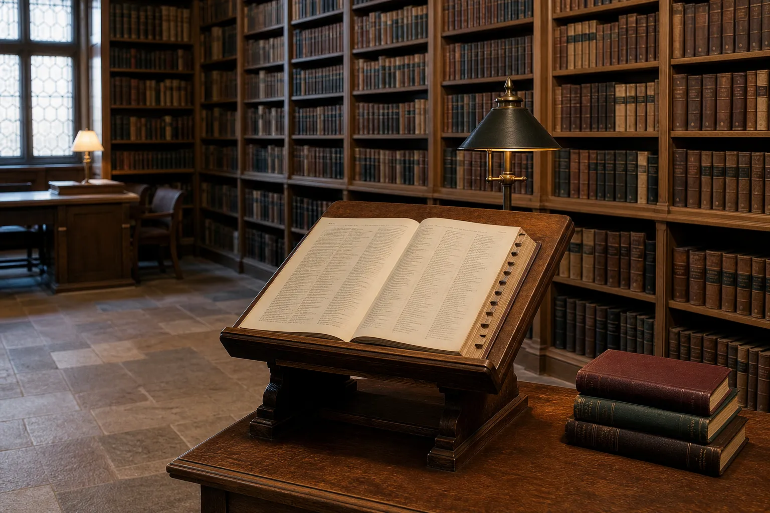 Philosophische Bibliothek mit Ledereinbänden und Lesepult im Glossar-Kontext des Forums Nürnberg