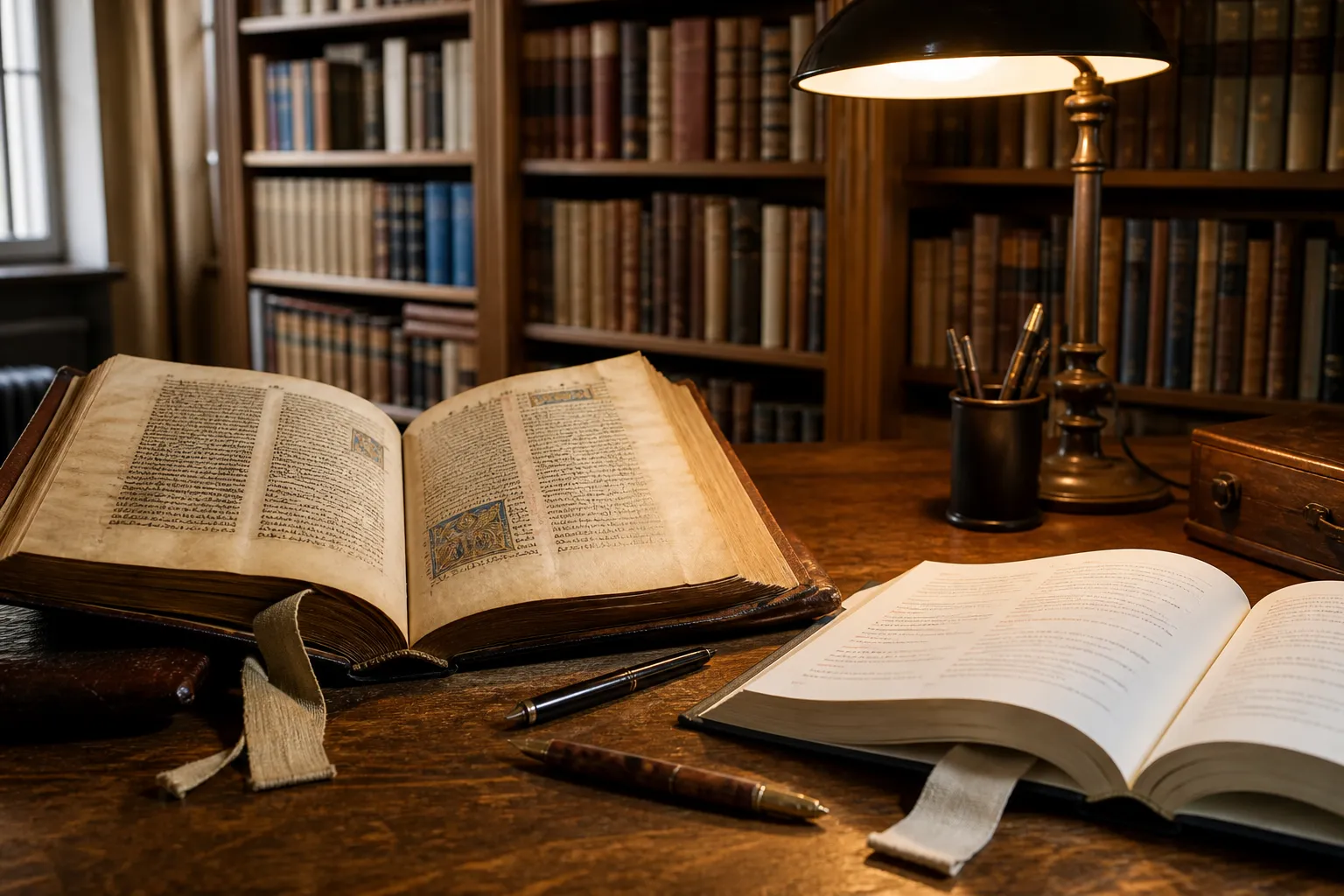 Quellenarbeit im Lektüre-Atelier mit lateinischem Faksimile Füllfeder und Bibliothekslampe in Nürnberg