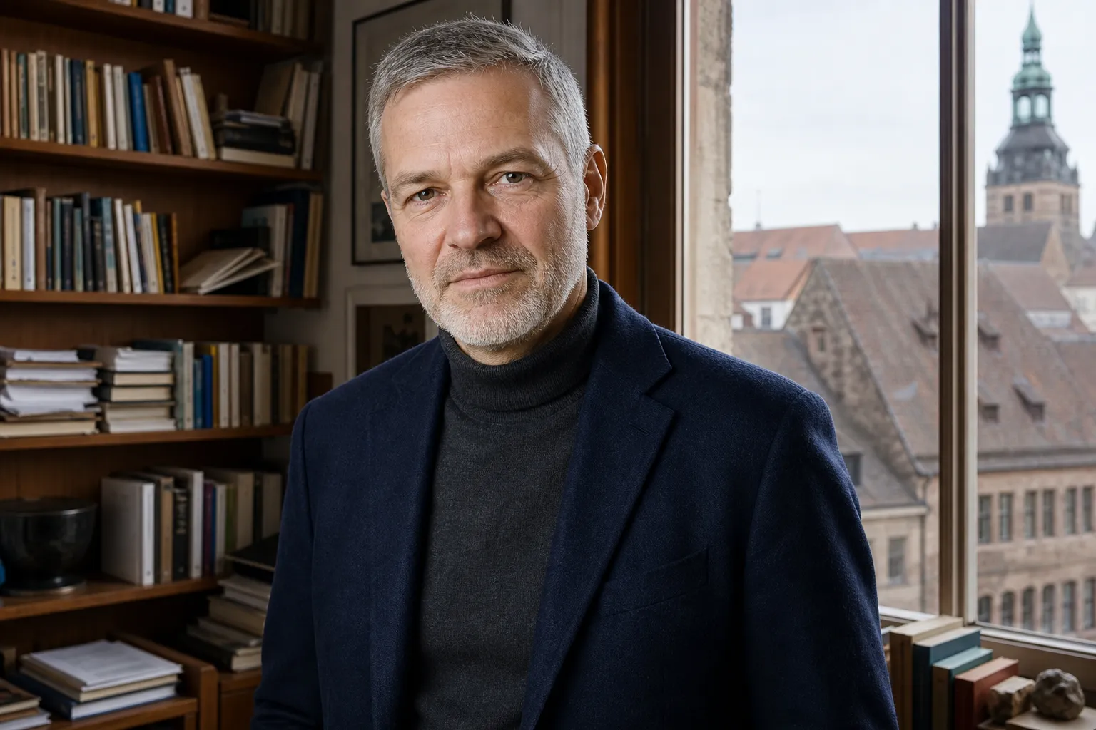Dr. Thomas Hoffmann im Bücherzimmer des Forums Nürnberg mit Blick auf die Altstadt aus dem Fenster
